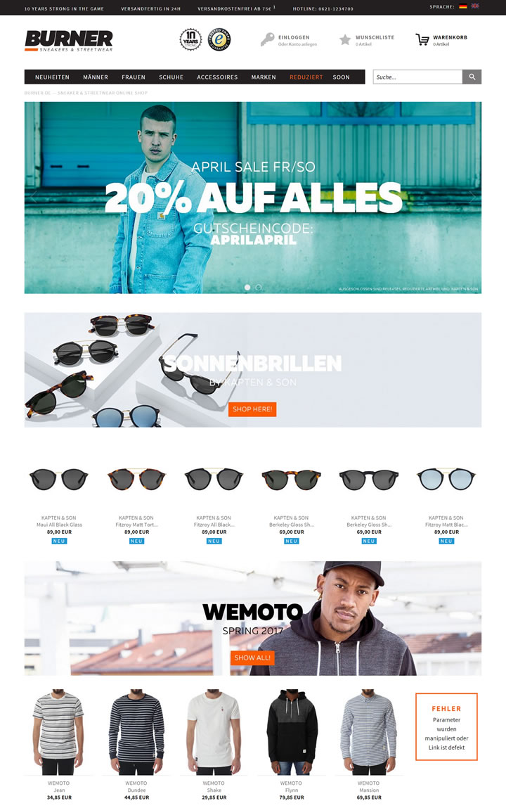 德国运动鞋和街头嘻哈网上商店：burner.de