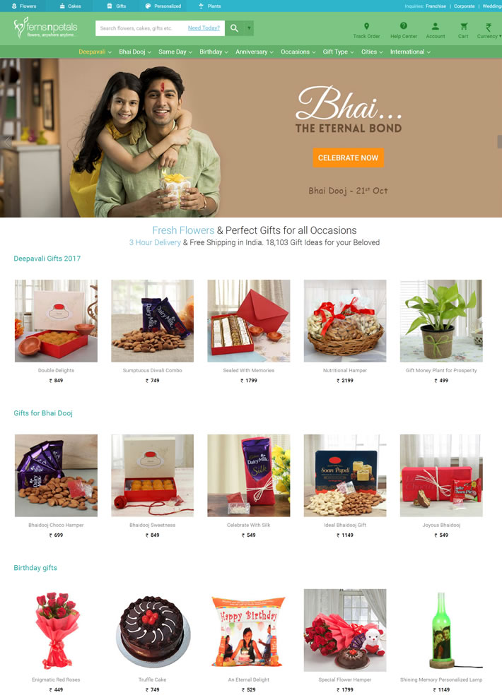 印度最大的网上花店：Ferns N Petals（鲜花、礼品和蛋糕）