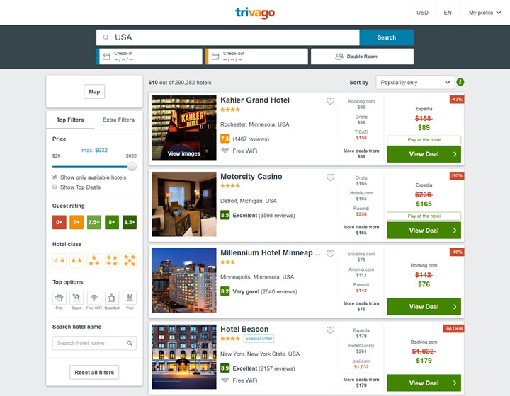 trivago美国：全球最大的酒店价格比较网站