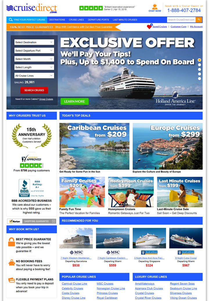 美国领先的在线邮轮旅游公司：CruiseDirect
