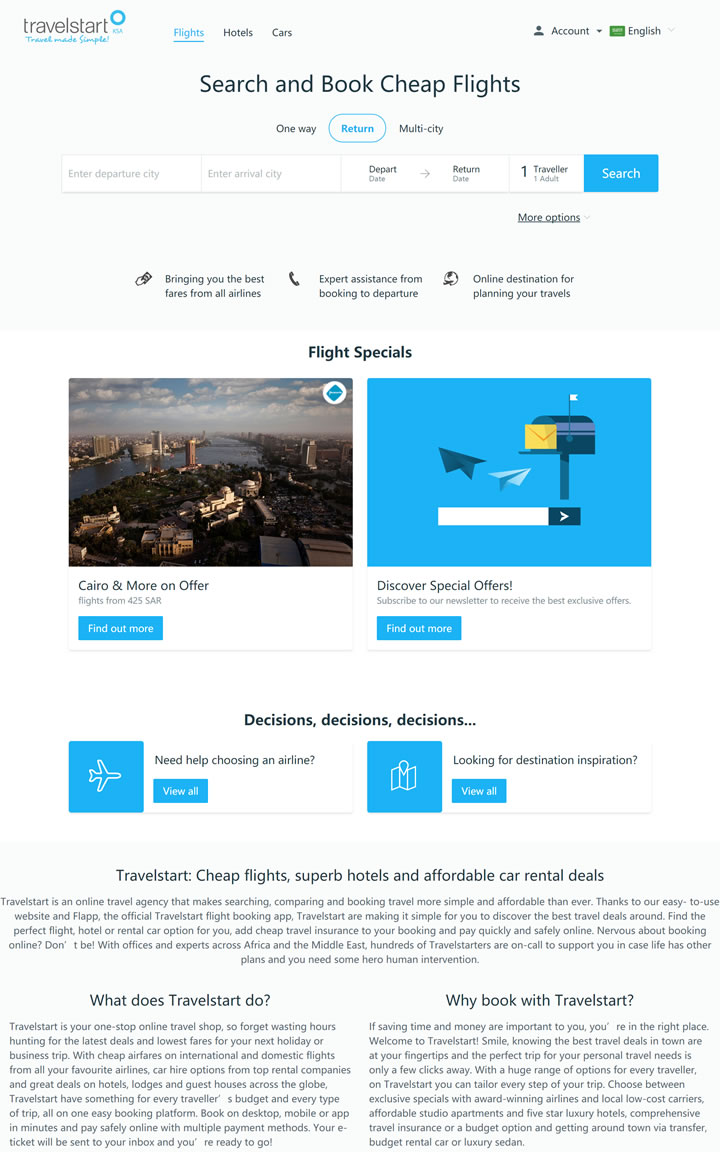 Travelstart沙特阿拉伯：廉价航班、豪华酒店和实惠的汽车租赁优惠