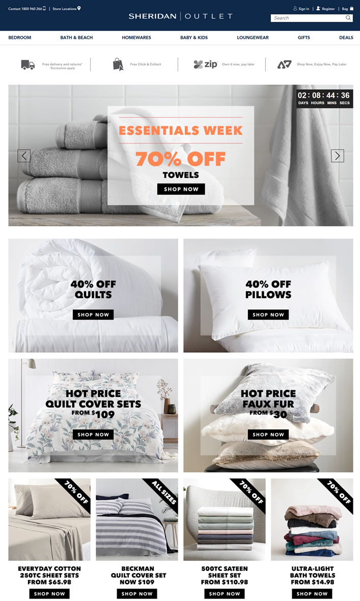 澳大利亚低价床单、毛巾和家居装饰购物网站：Sheridan Outlet